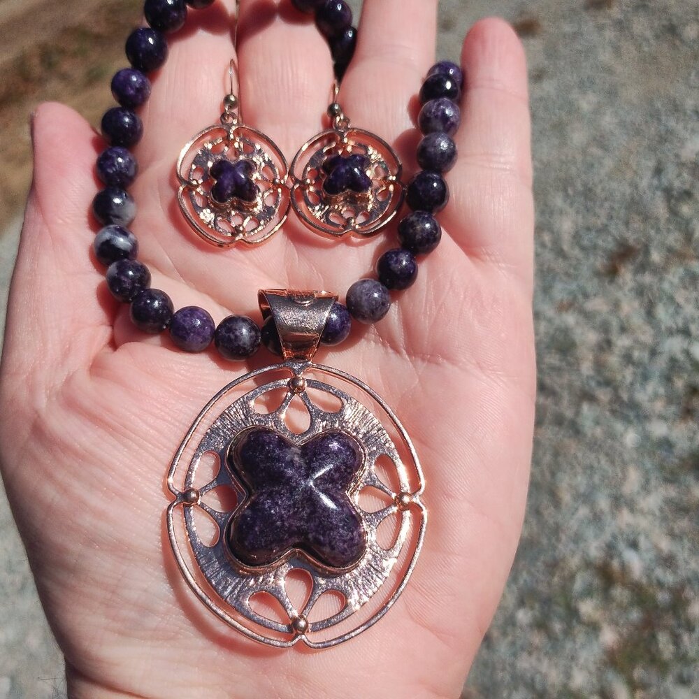 Jay King DTR mine finds Amethyst copper necklace flower pendant earrings set